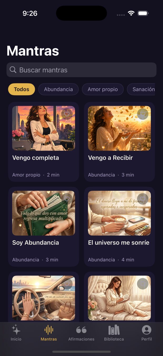 Catálogo de mantras de Alma Hermosa con sus portadas: Soy Abundancia, El universo me sonríe y Nací Pa’ Tener Más.