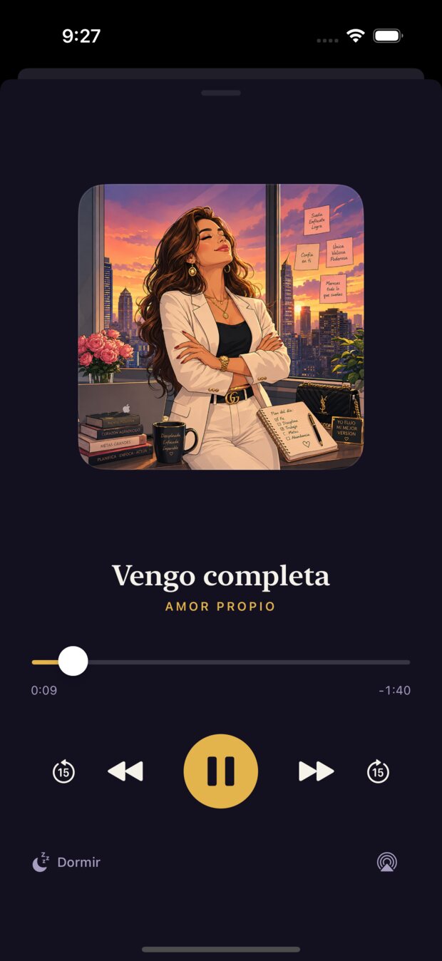 Reproductor de Alma Hermosa con el mantra “Soy Abundancia”, su portada, controles de reproducción y temporizador para dormir.